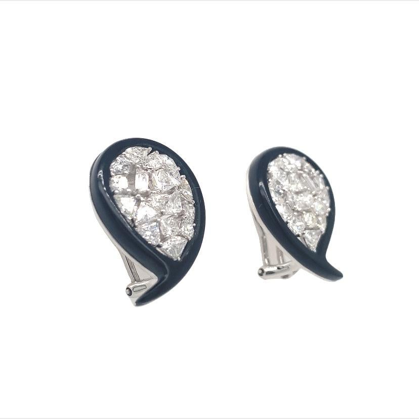Contemporary RUCHI Diamond and Black Agate White Gold Clip-On Earrings For Sale