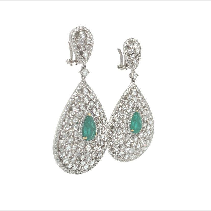 Contemporary RUCHI Rosecut Diamond & Pear Shaped Emerald White Gold Statement Earrings For Sale
