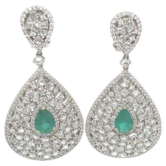 RUCHI Rosecut Diamond & Pear Shaped Emerald White Gold Statement Earrings For Sale