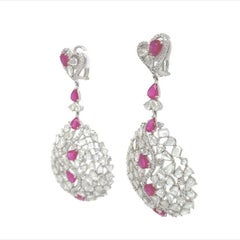 RUCHI Rose-Cut Diamond and Pear-Shape Ruby White Gold Dangle Earrings