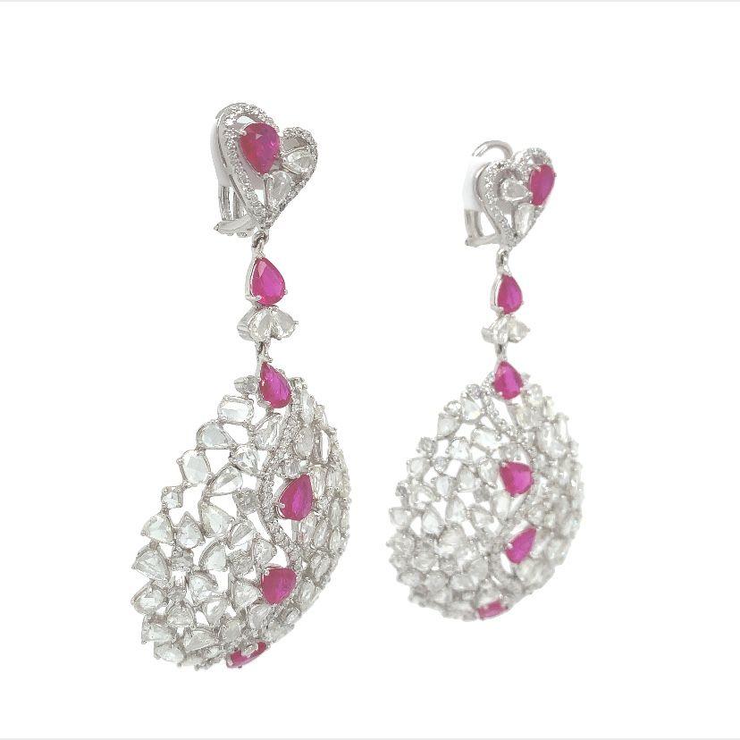 Contemporary RUCHI Rose-Cut Diamond and Pear-Shape Ruby White Gold Dangle Earrings For Sale