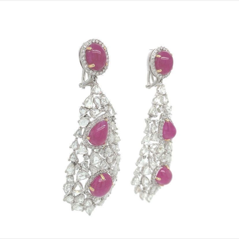 Contemporary RUCHI Rose-Cut Diamond and Ruby White Gold Clip-On Dangle Earrings For Sale