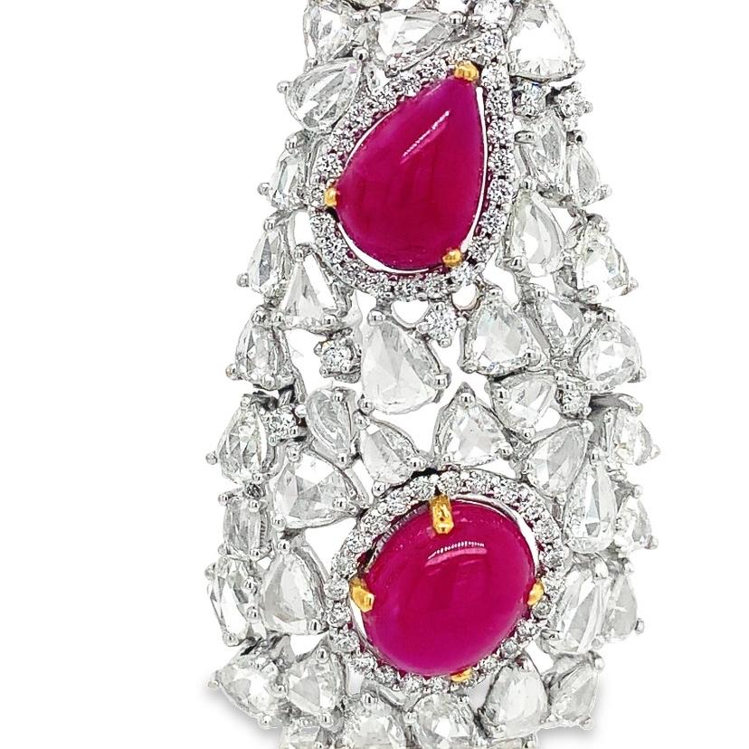 Mixed Cut RUCHI Rose-Cut Diamond and Ruby White Gold Clip-On Dangle Earrings For Sale