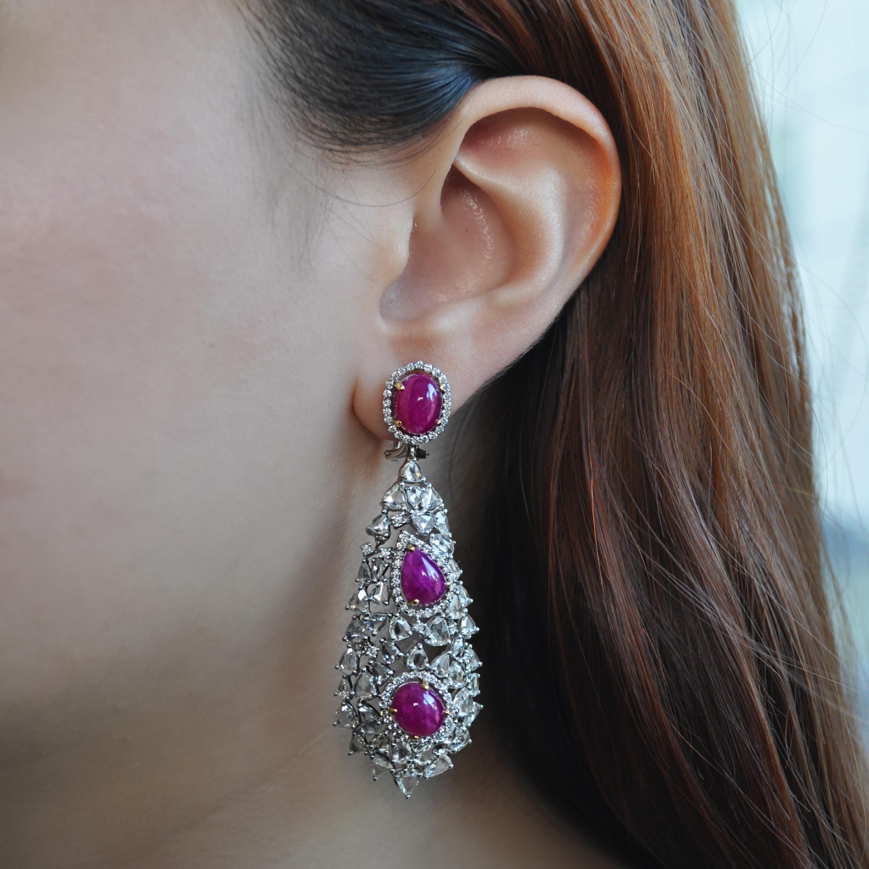 RUCHI Rose-Cut Diamond and Ruby White Gold Clip-On Dangle Earrings In New Condition For Sale In New York, NY