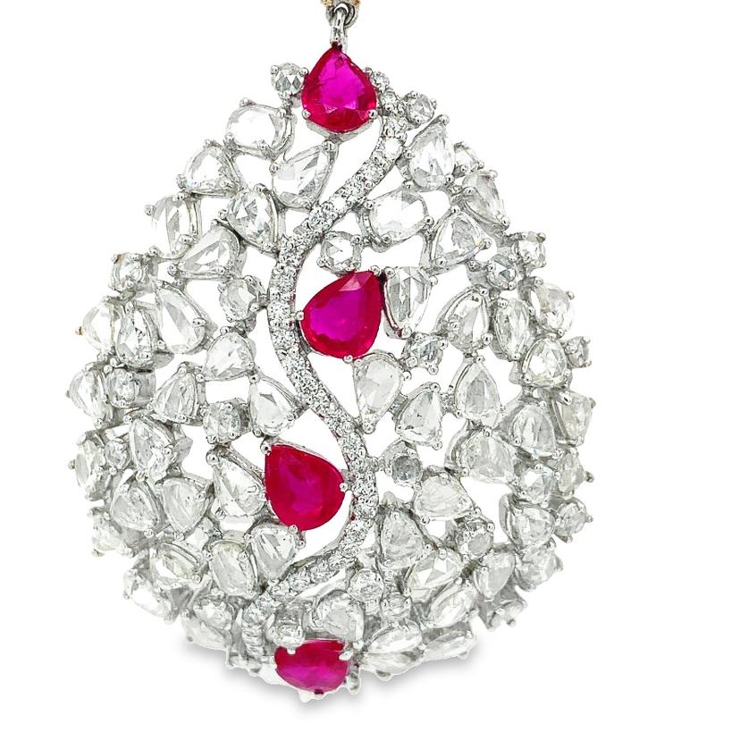 Mixed Cut RUCHI Rose-Cut Diamond and Pear-Shape Ruby White Gold Dangle Earrings For Sale