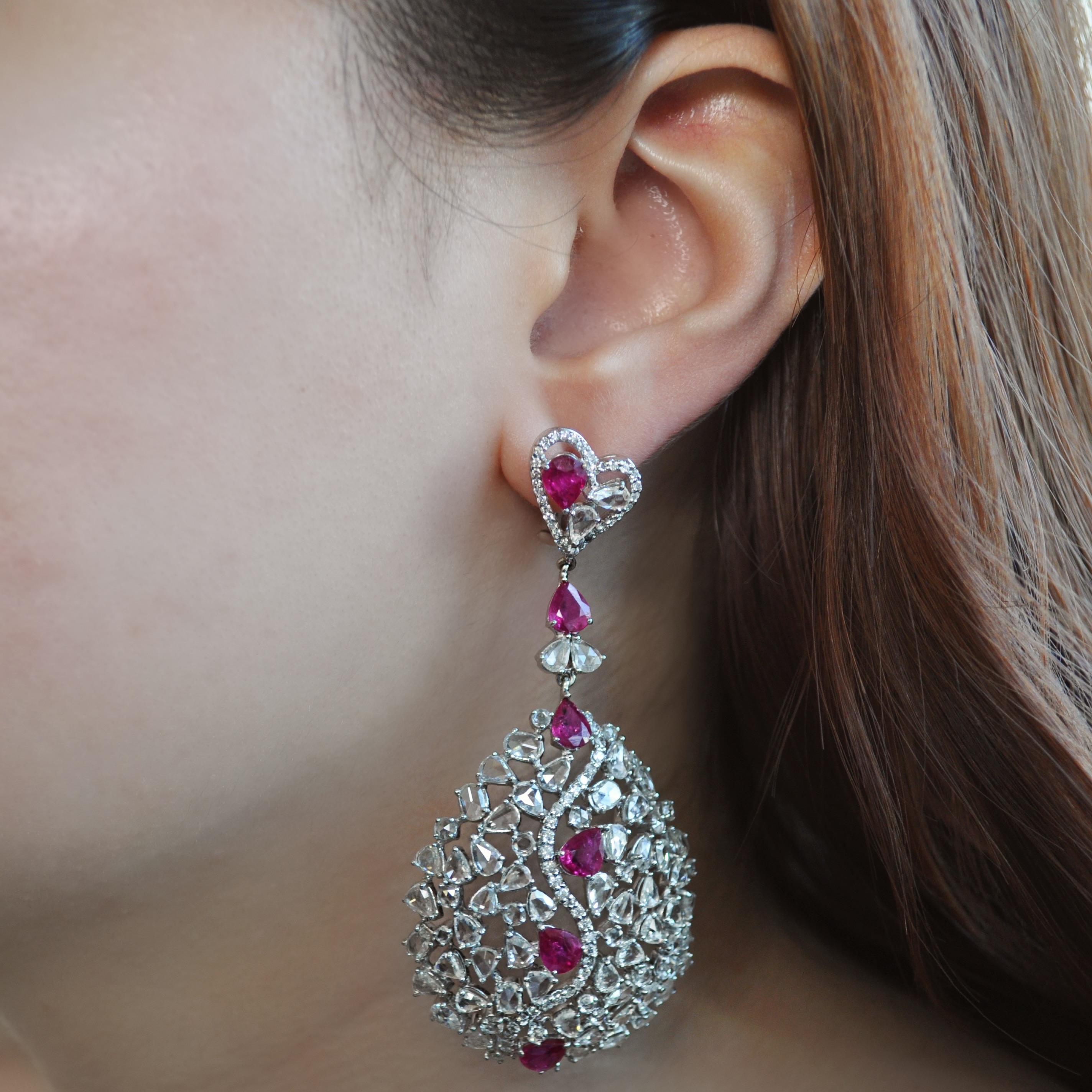 Women's RUCHI Rose-Cut Diamond and Pear-Shape Ruby White Gold Dangle Earrings For Sale
