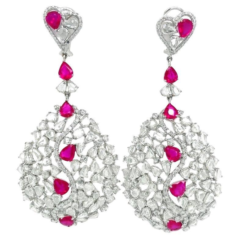 RUCHI Rose-Cut Diamond and Pear-Shape Ruby White Gold Dangle Earrings For Sale
