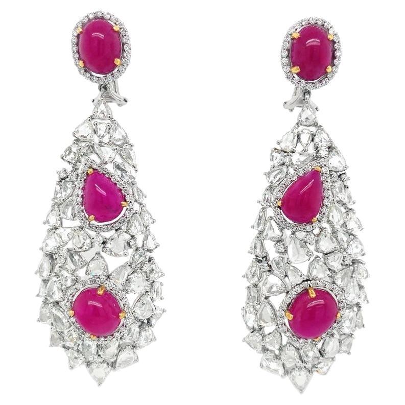 RUCHI Rose-Cut Diamond and Ruby White Gold Clip-On Dangle Earrings For Sale