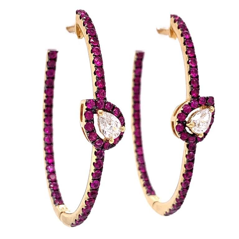 Contemporary Ruchi New York Diamond and Ruby Hoop Earrings