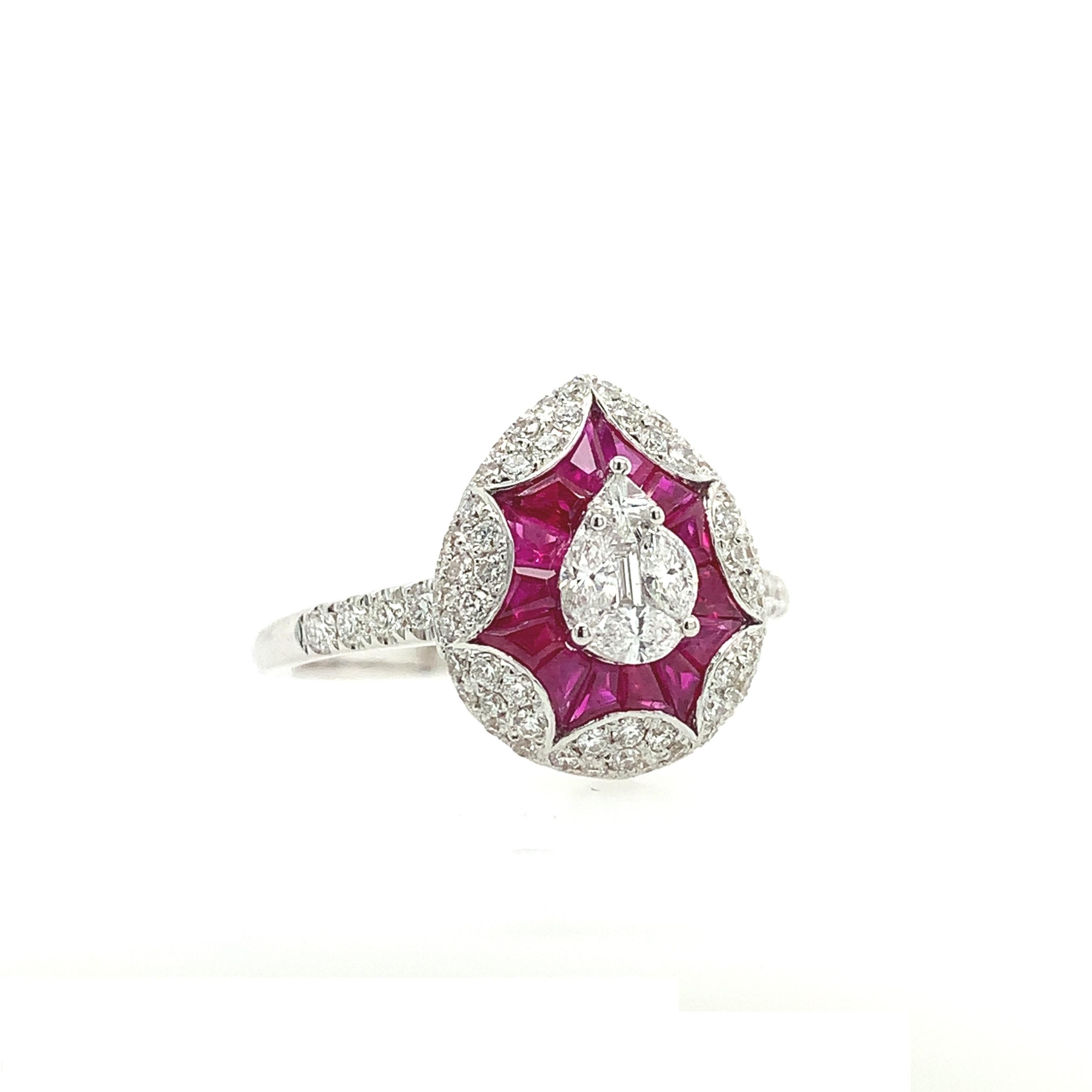 18K White Gold
Diamond- 0.84ct Total Weight
Ruby- 1.70ct Total Weight.
All diamonds are G-H/SI stones.