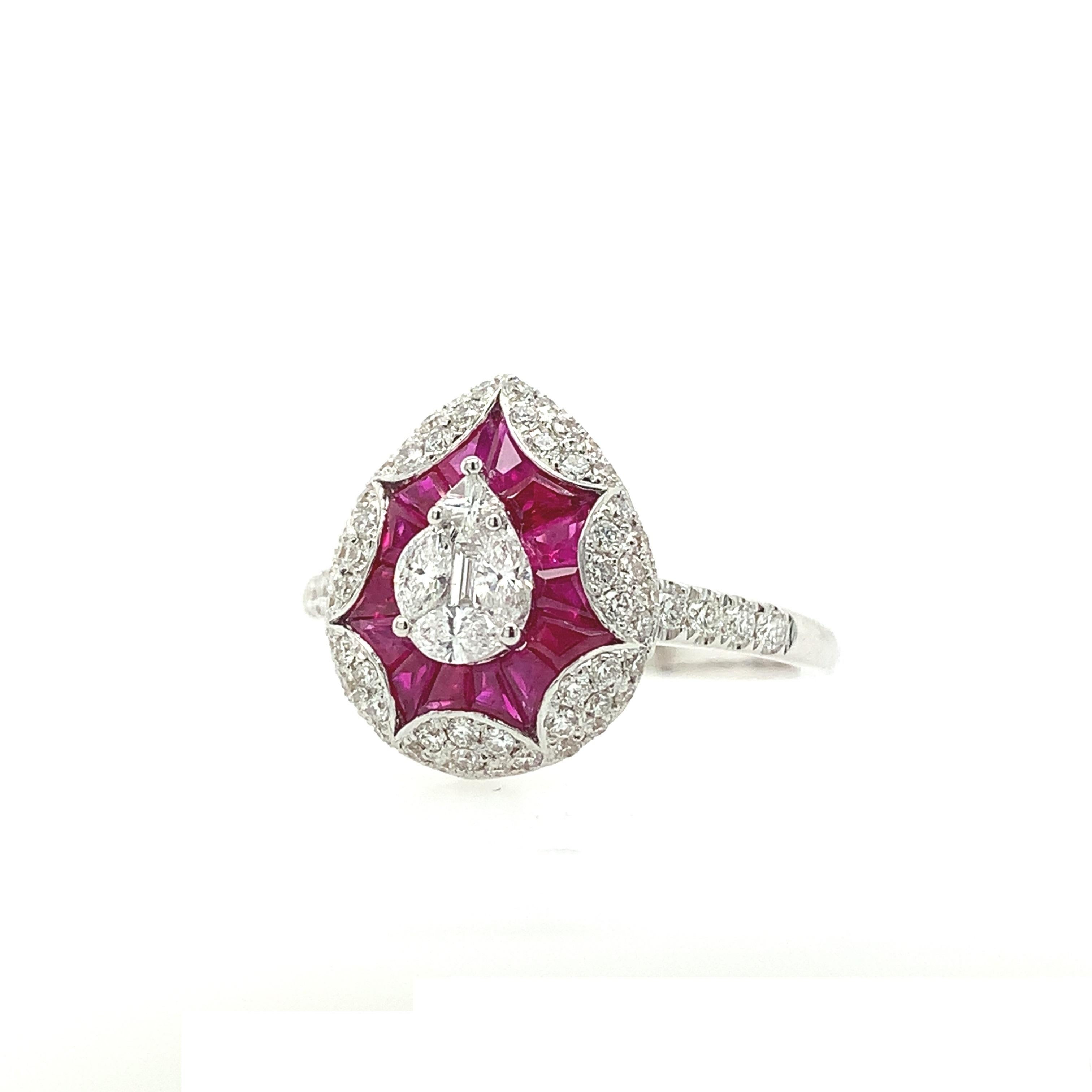 Contemporary RUCHI Pavé Diamond and Ruby White Gold Teardrop Ring For Sale