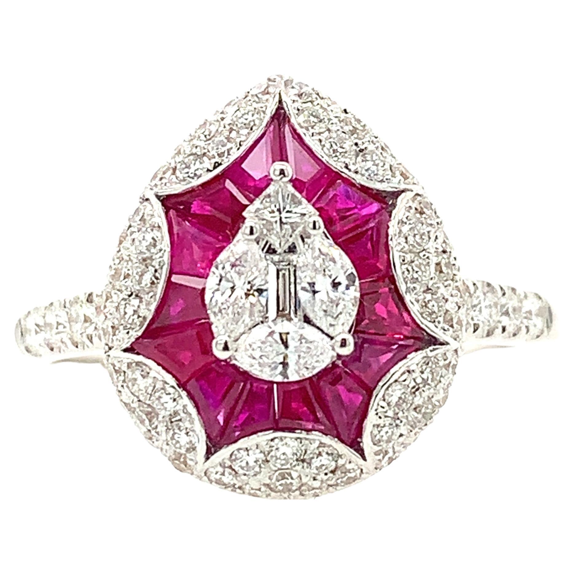 RUCHI Pavé Diamond and Ruby White Gold Teardrop Ring For Sale