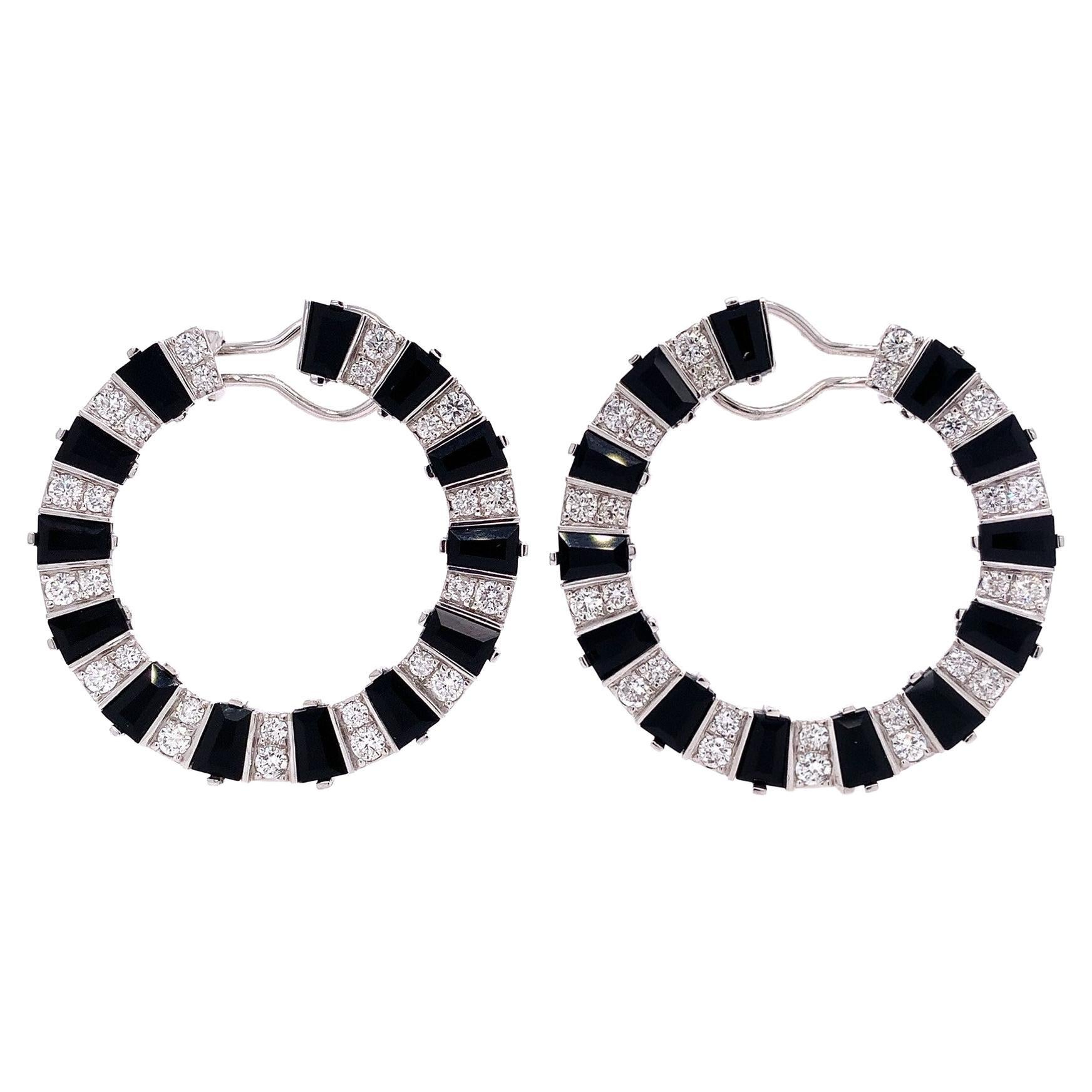 RUCHI Brilliant Diamond and Black Agate C-Shape Earrings For Sale