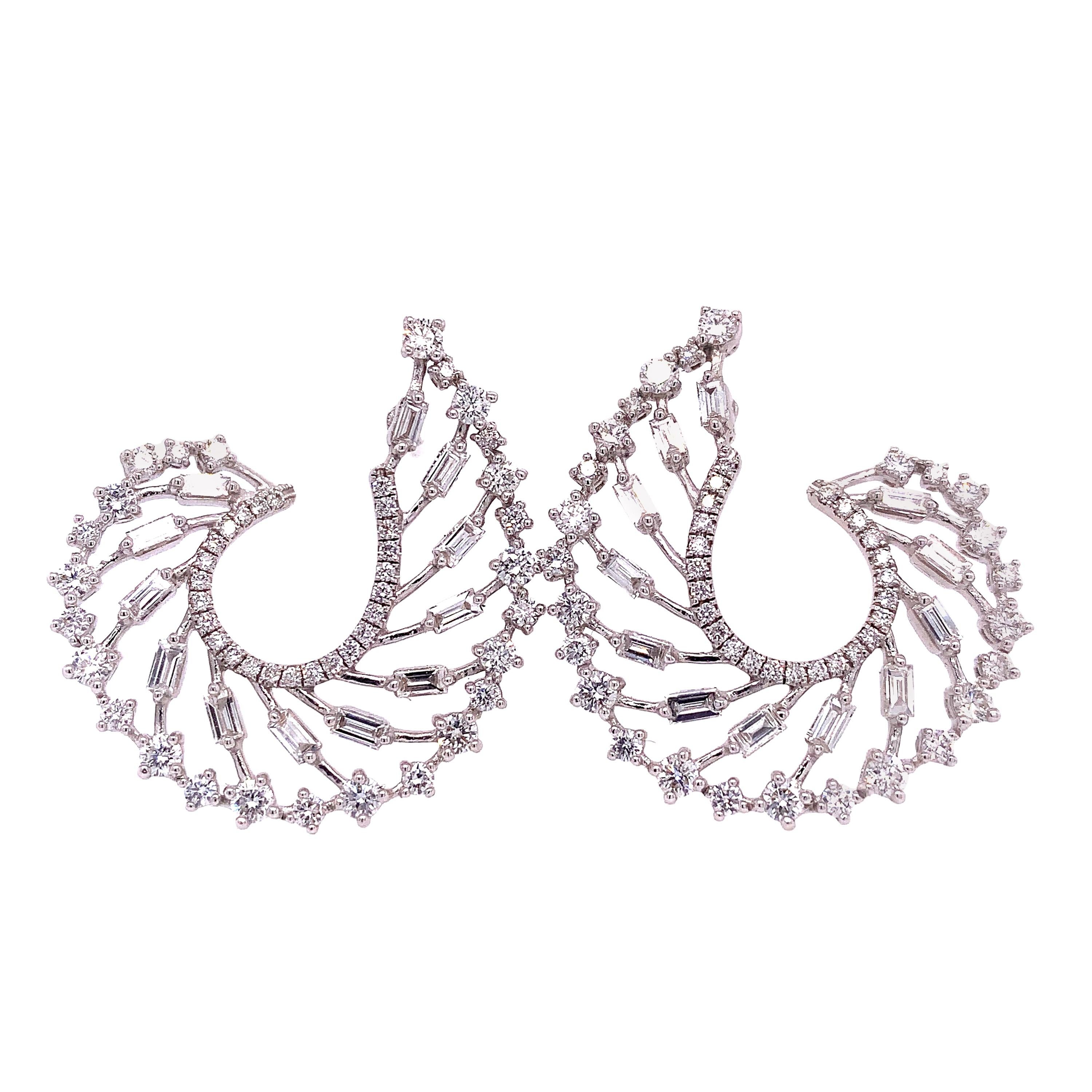 RUCHI Baguette and Brilliant Diamond White Gold C-Shape Earrings For Sale