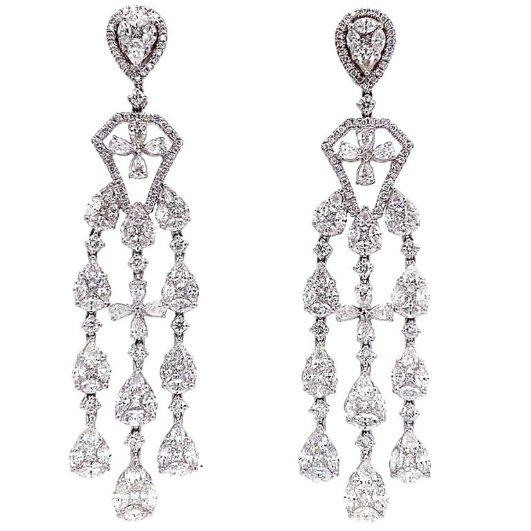 RUCHI Diamond Illusion White Gold Chandelier Earrings For Sale