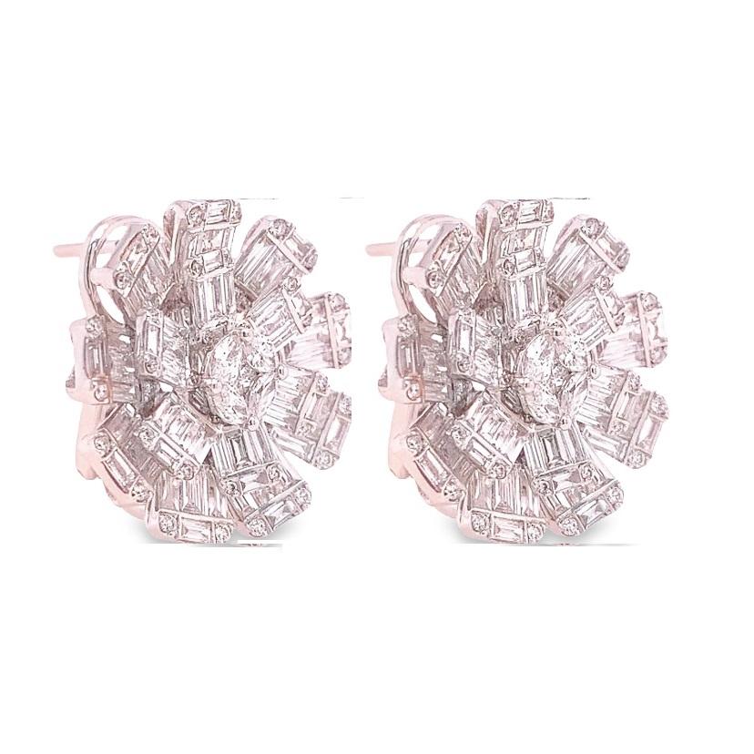 Contemporary RUCHI Baguette Diamond White Gold Flower Stud Earrings For Sale