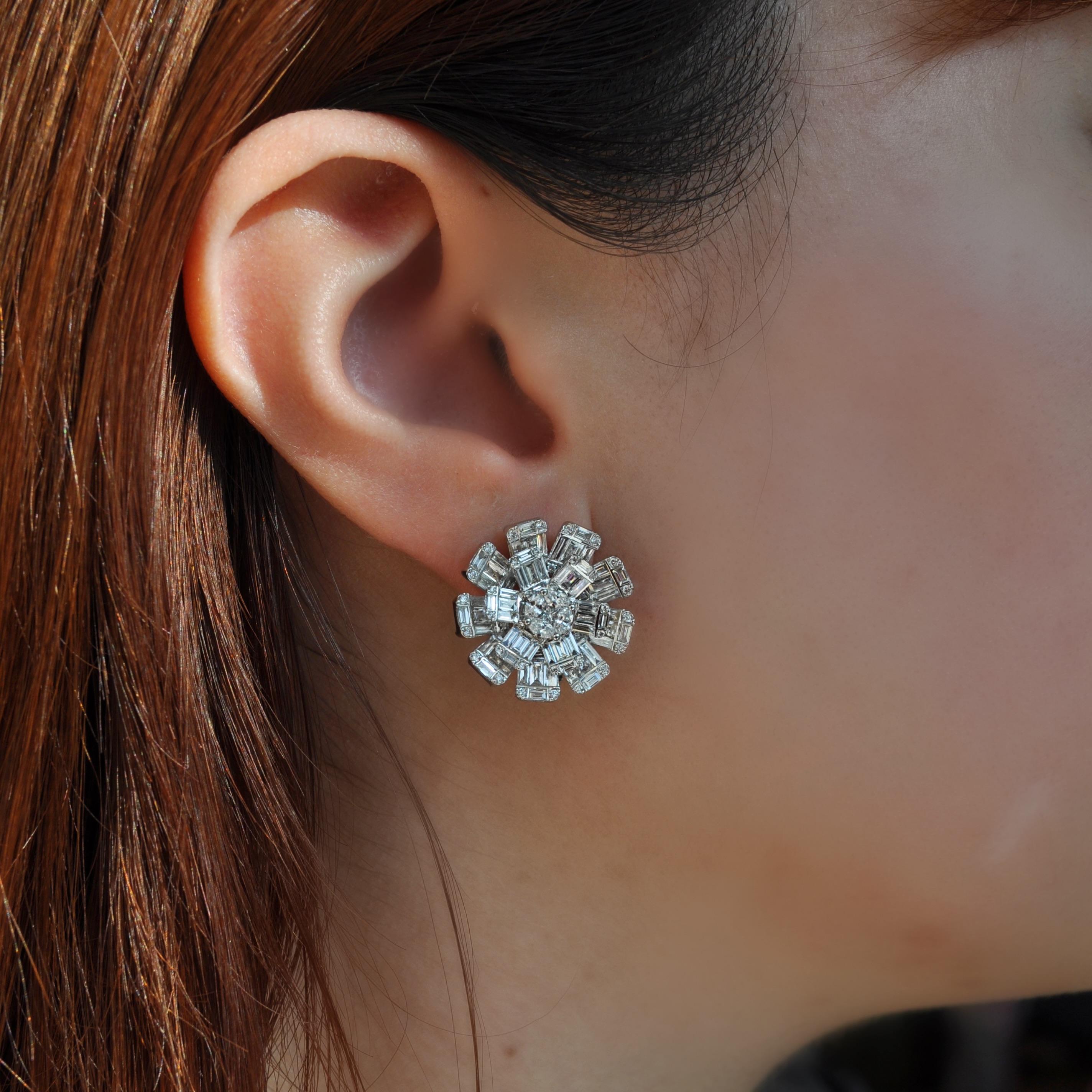 Baguette Cut RUCHI Baguette Diamond White Gold Flower Stud Earrings For Sale