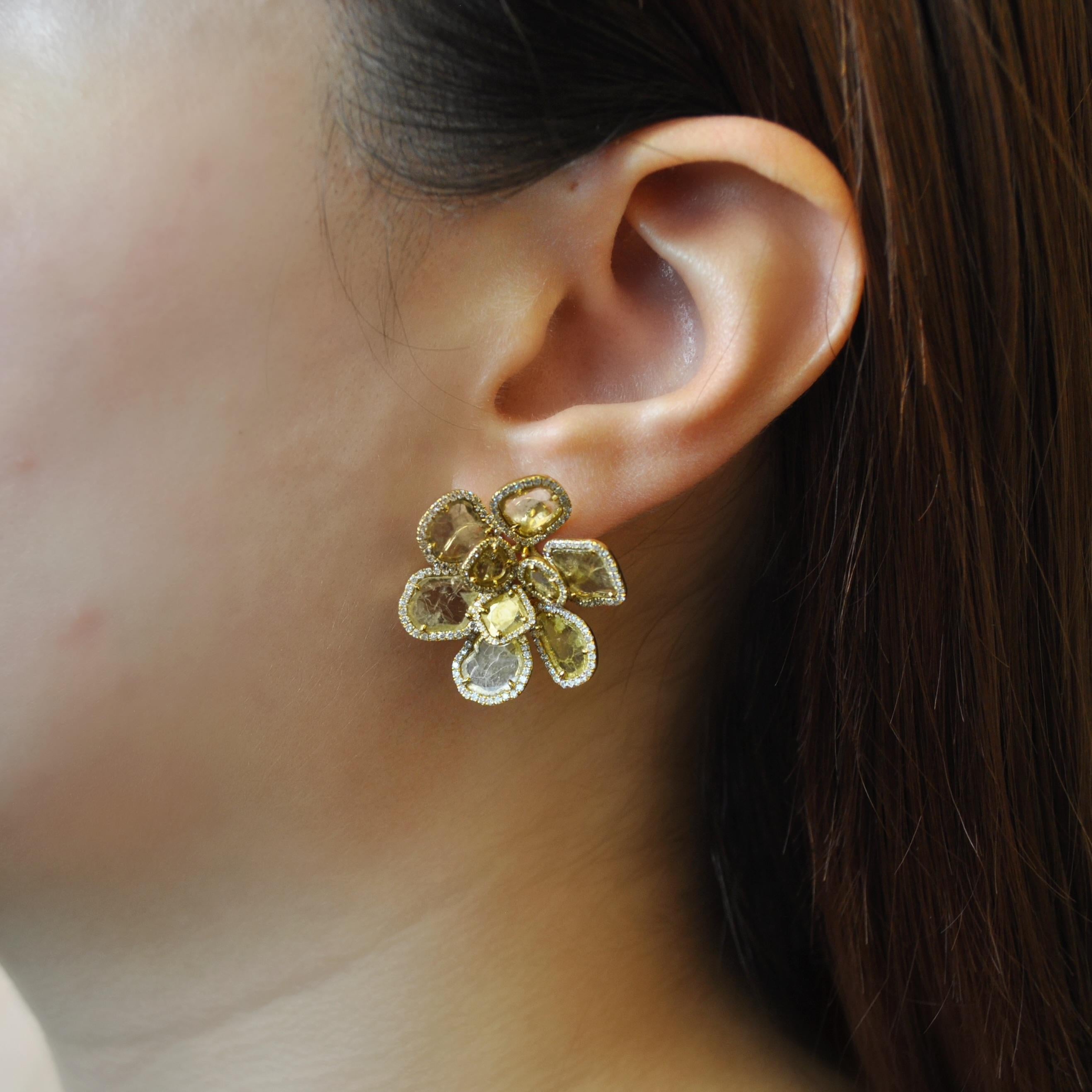 Contemporary RUCHI Slice and Brilliant-Cut Diamond Yellow Gold Flower Clip-On Earrings For Sale
