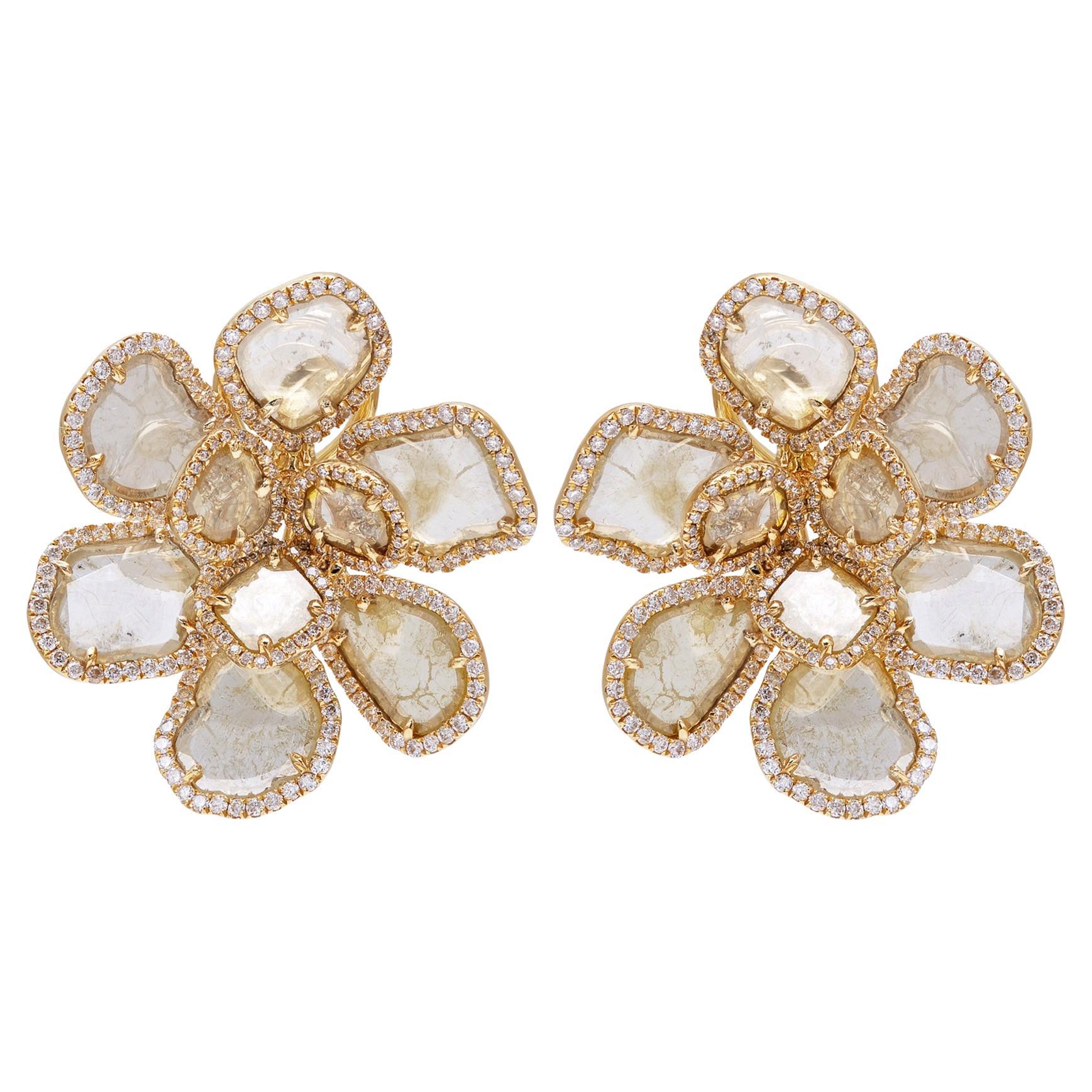 RUCHI Slice and Brilliant-Cut Diamond Yellow Gold Flower Clip-On Earrings For Sale