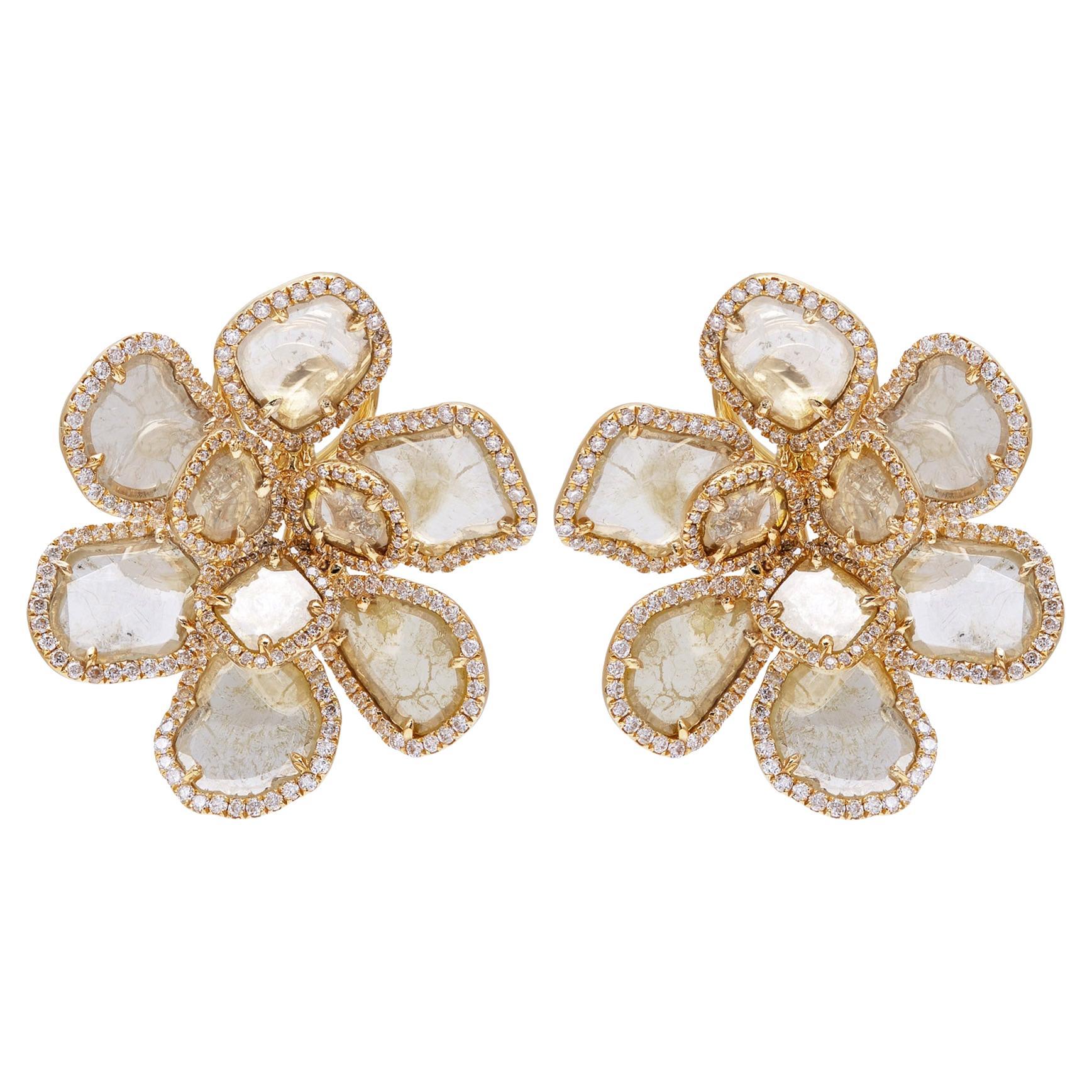 RUCHI Slice and Brilliant-Cut Diamond Yellow Gold Flower Clip-On Earrings