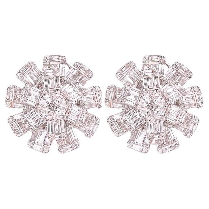 RUCHI Baguette Diamond White Gold Flower Stud Earrings For Sale