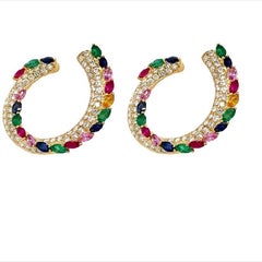 RUCHI Diamond, Emerald and Multi-Colored Sapphire Yellow Gold C-Shape Earrings
