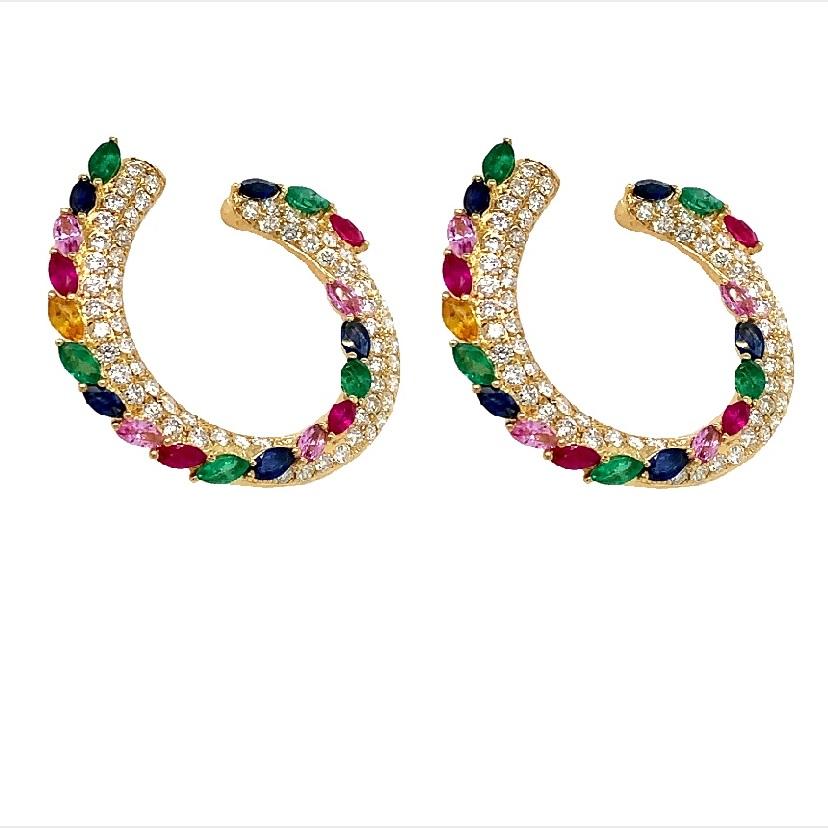 Contemporary RUCHI Diamond, Emerald and Multi-Colored Sapphire Yellow Gold C-Shape Earrings For Sale