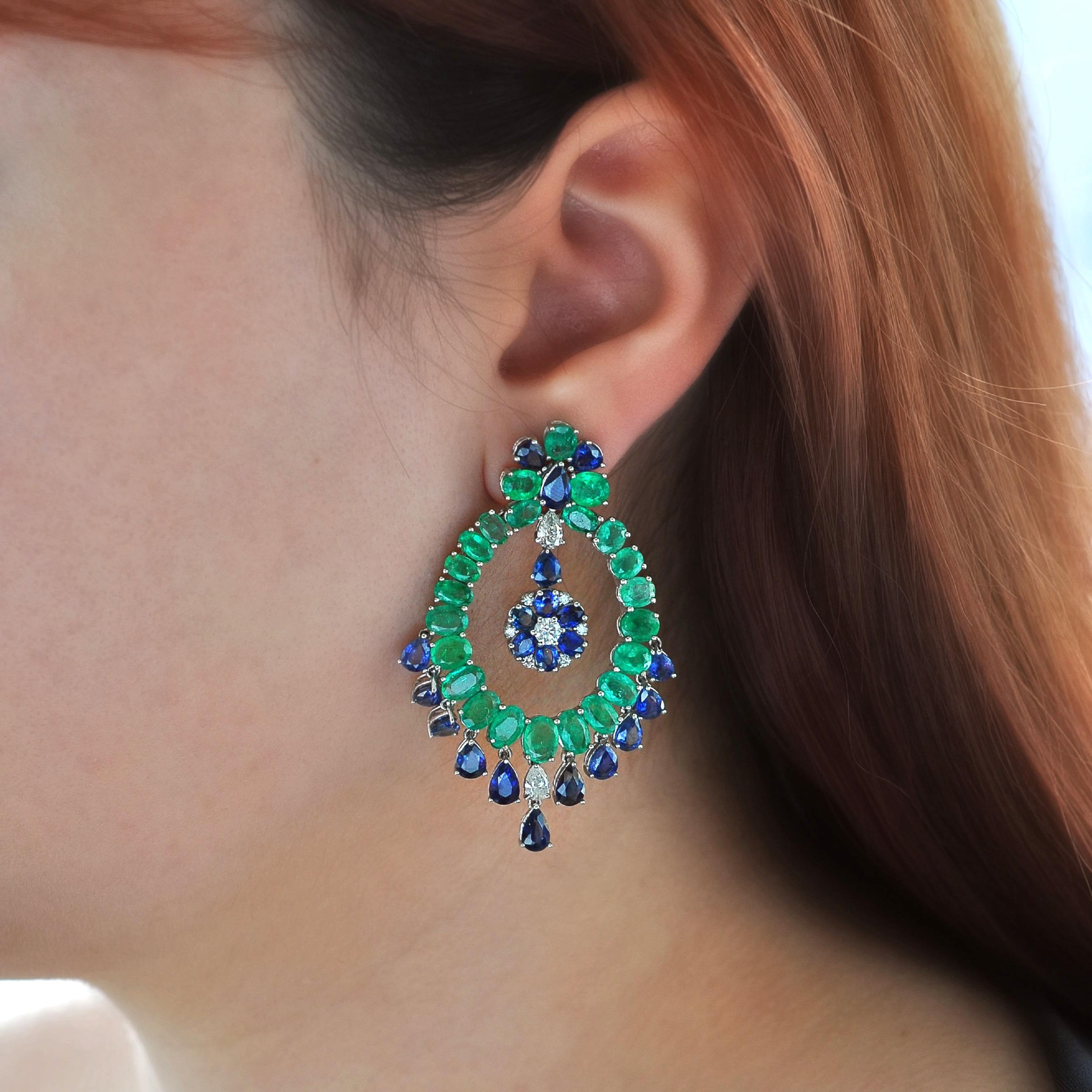 Contemporary RUCHI Diamond, Emerald and Blue Sapphire Chandelier Earrings For Sale