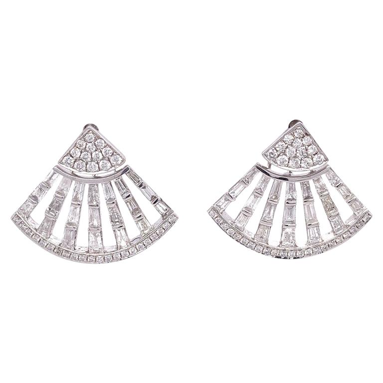 RUCHI Brilliant and Baguette Diamond White Gold Fan-Style Jacket Stud Earrings For Sale