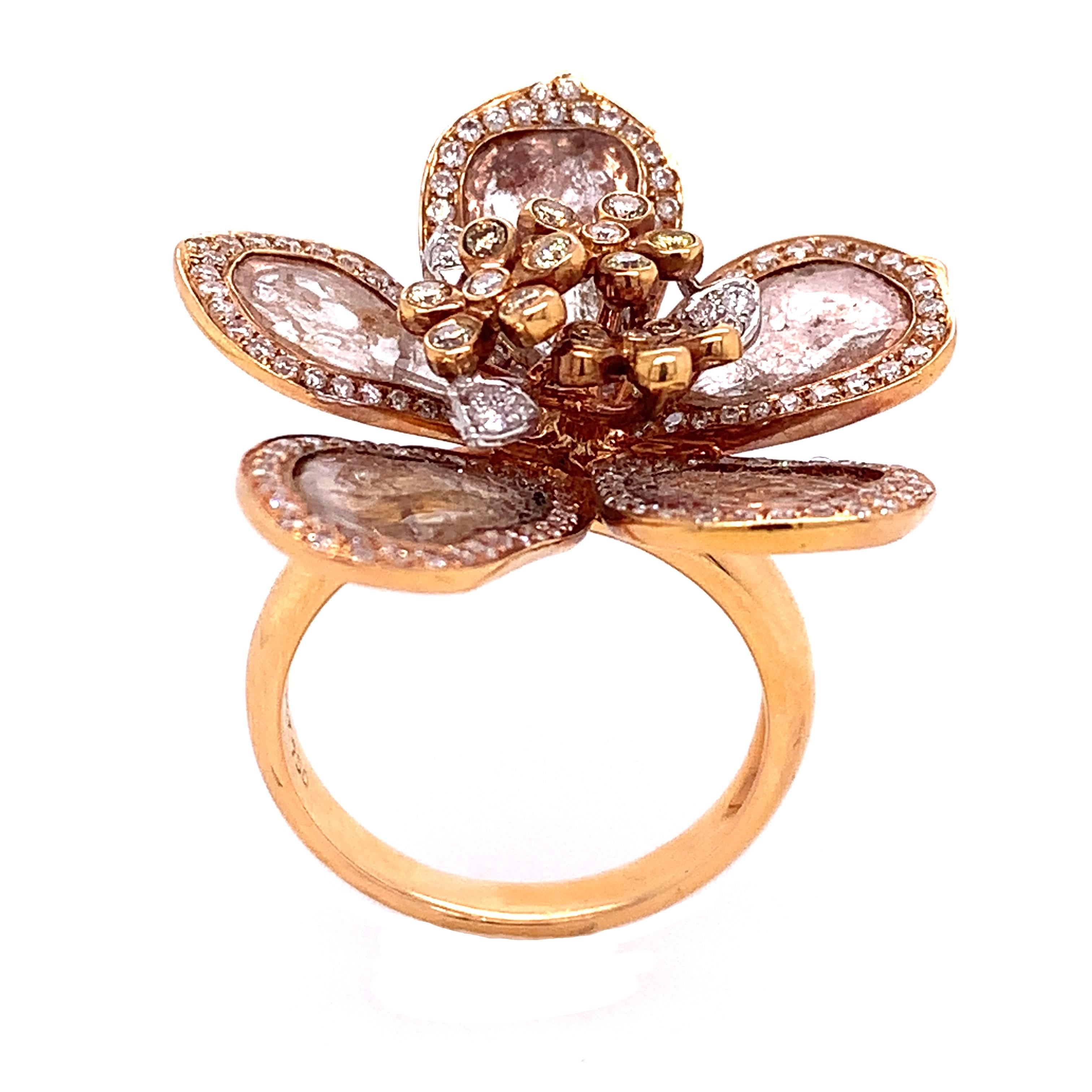 Contemporary RUCHI Diamond Slice 'Petals' with Pavé Trim Rose Gold Flower Cocktail Ring For Sale