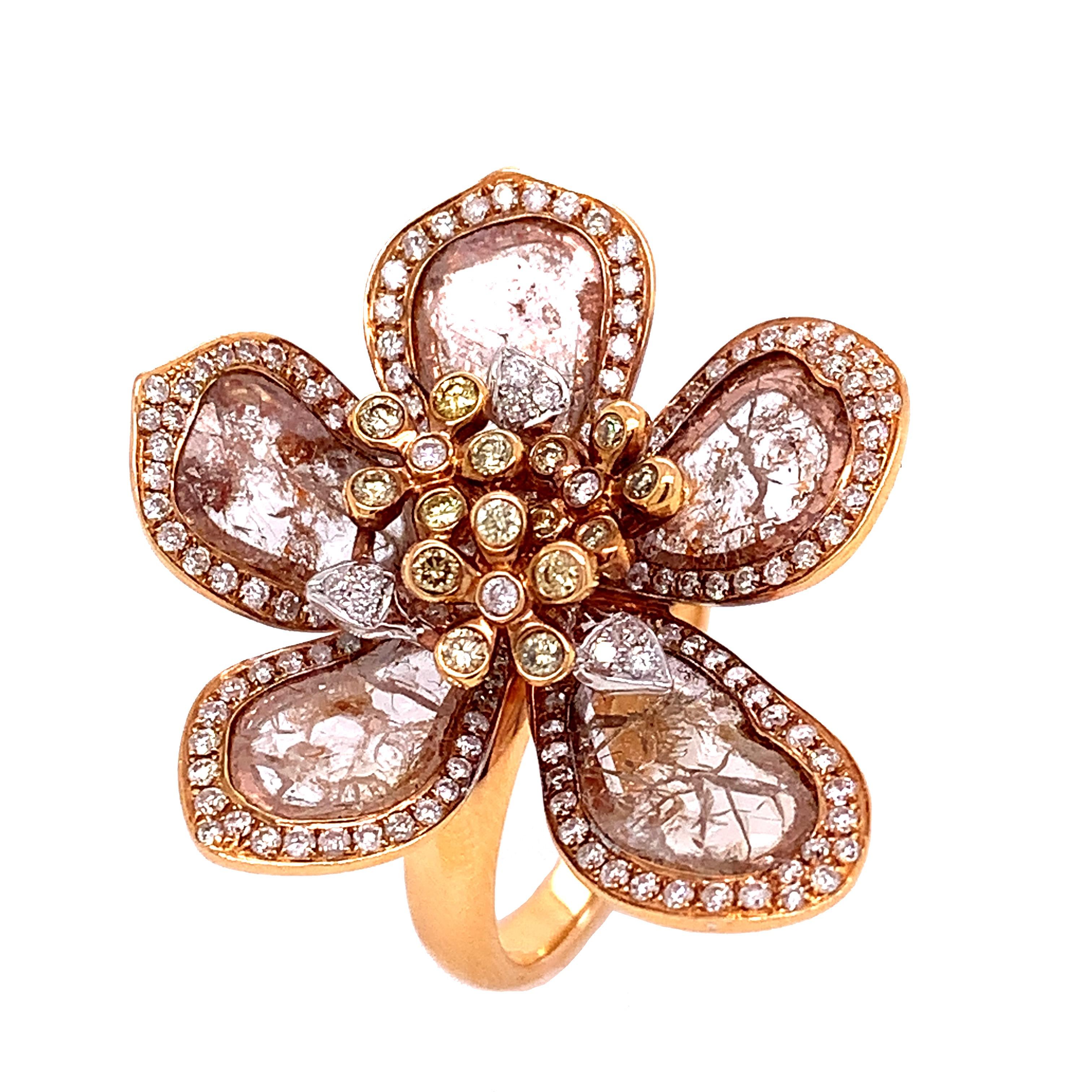 Mixed Cut RUCHI Diamond Slice 'Petals' with Pavé Trim Rose Gold Flower Cocktail Ring For Sale