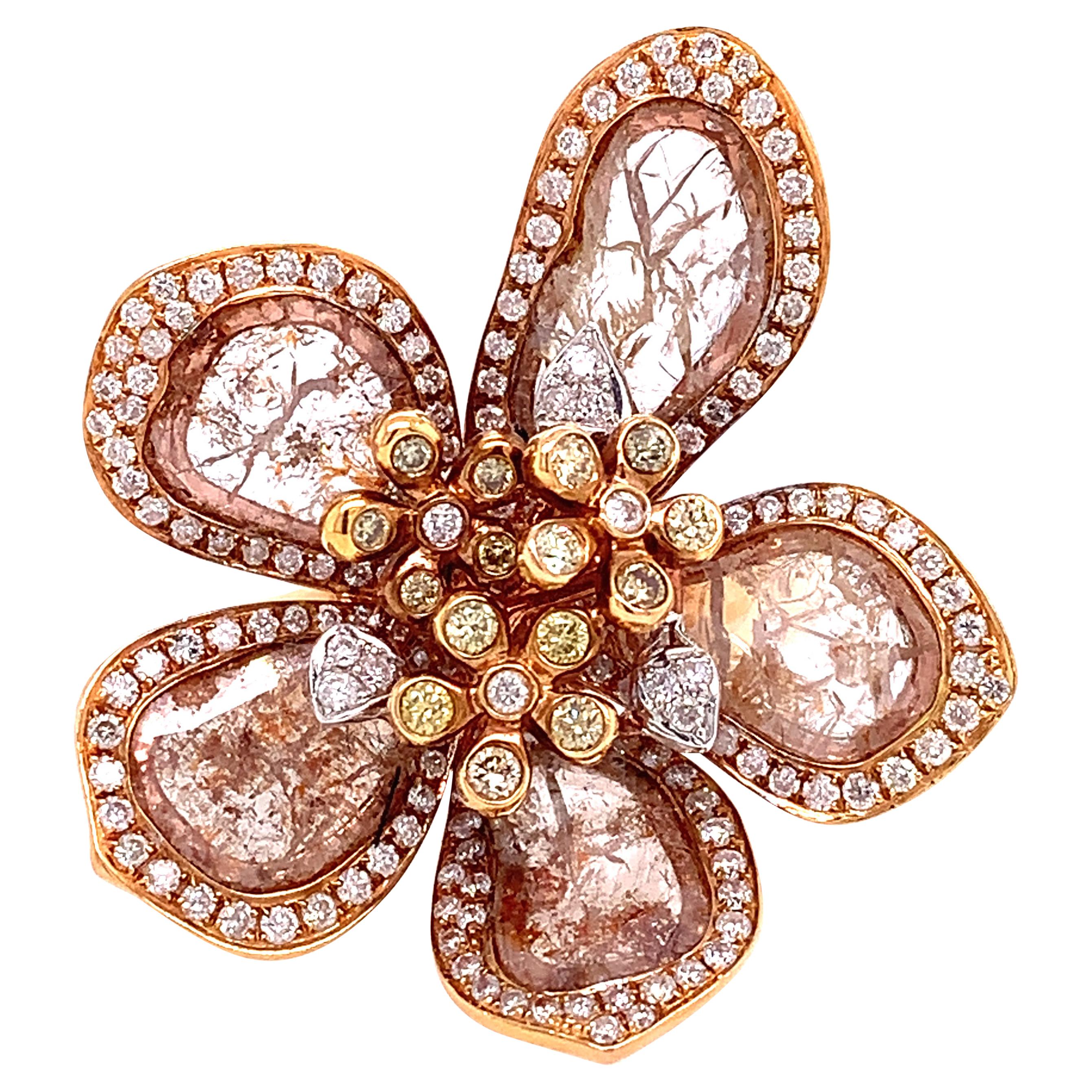 RUCHI Diamond Slice 'Petals' with Pavé Trim Rose Gold Flower Cocktail Ring For Sale
