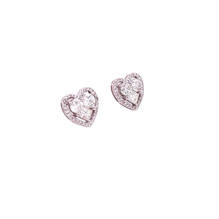 Contemporary RUCHI Brilliant and Princess-Cut Diamond White Gold Heart-Shaped Stud Earrings For Sale