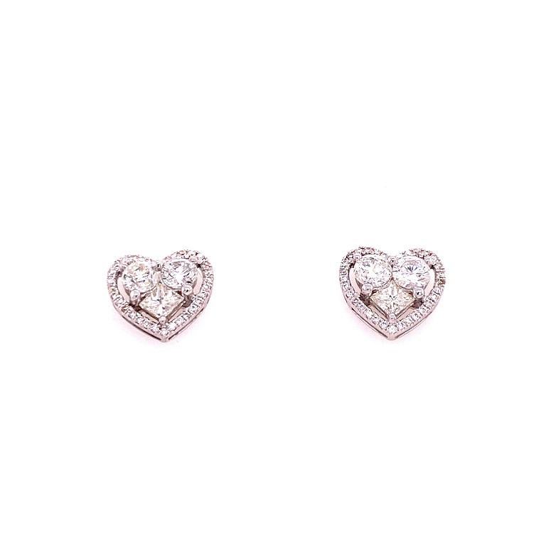 Round Cut RUCHI Brilliant and Princess-Cut Diamond White Gold Heart-Shaped Stud Earrings For Sale