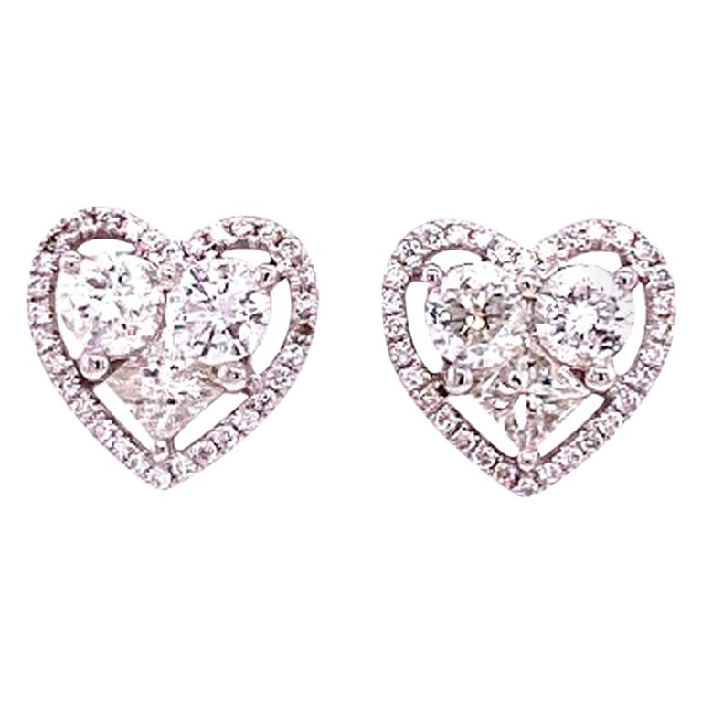 RUCHI Brilliant and Princess-Cut Diamond White Gold Heart-Shaped Stud Earrings For Sale