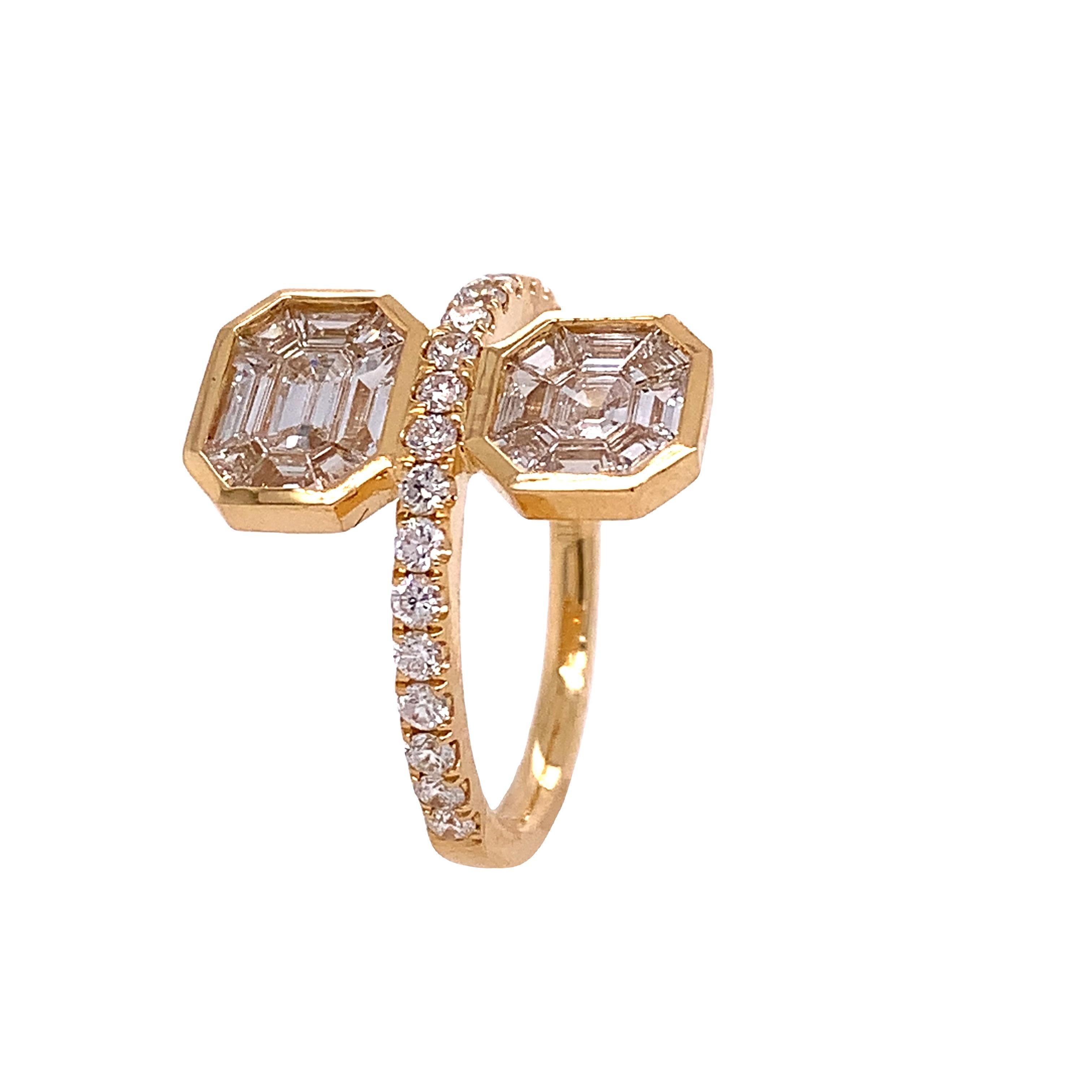 RUCHI Gelbgoldring mit Smaragd und Diamant im Aschenbecherschliff in Illusion (Gemischter Schliff) im Angebot