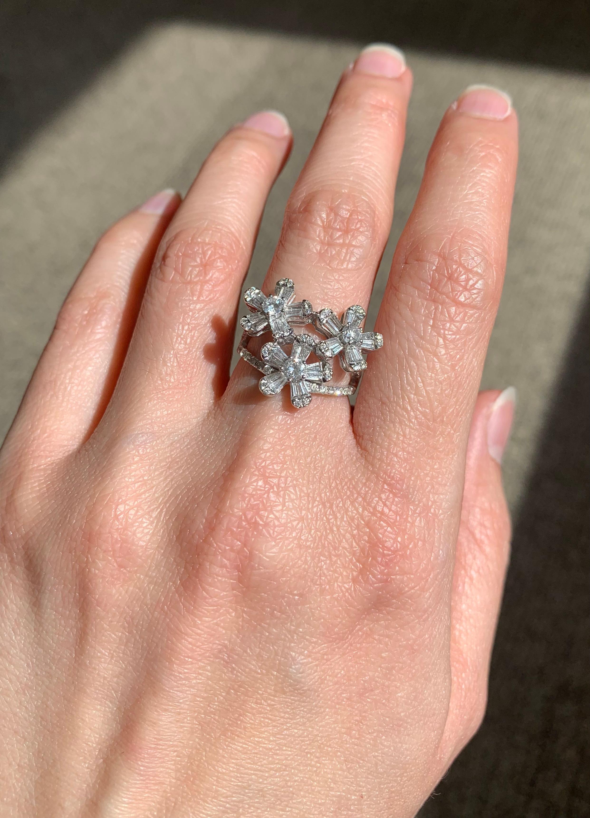 Mixed Cut RUCHI Baguette and Brilliant-Cut Diamond White Gold Floral Cluster Ring For Sale