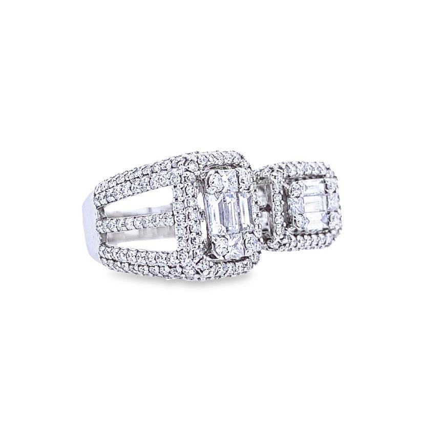 Contemporary RUCHI Baguette & Halo Diamond White Gold Bypass Ring For Sale