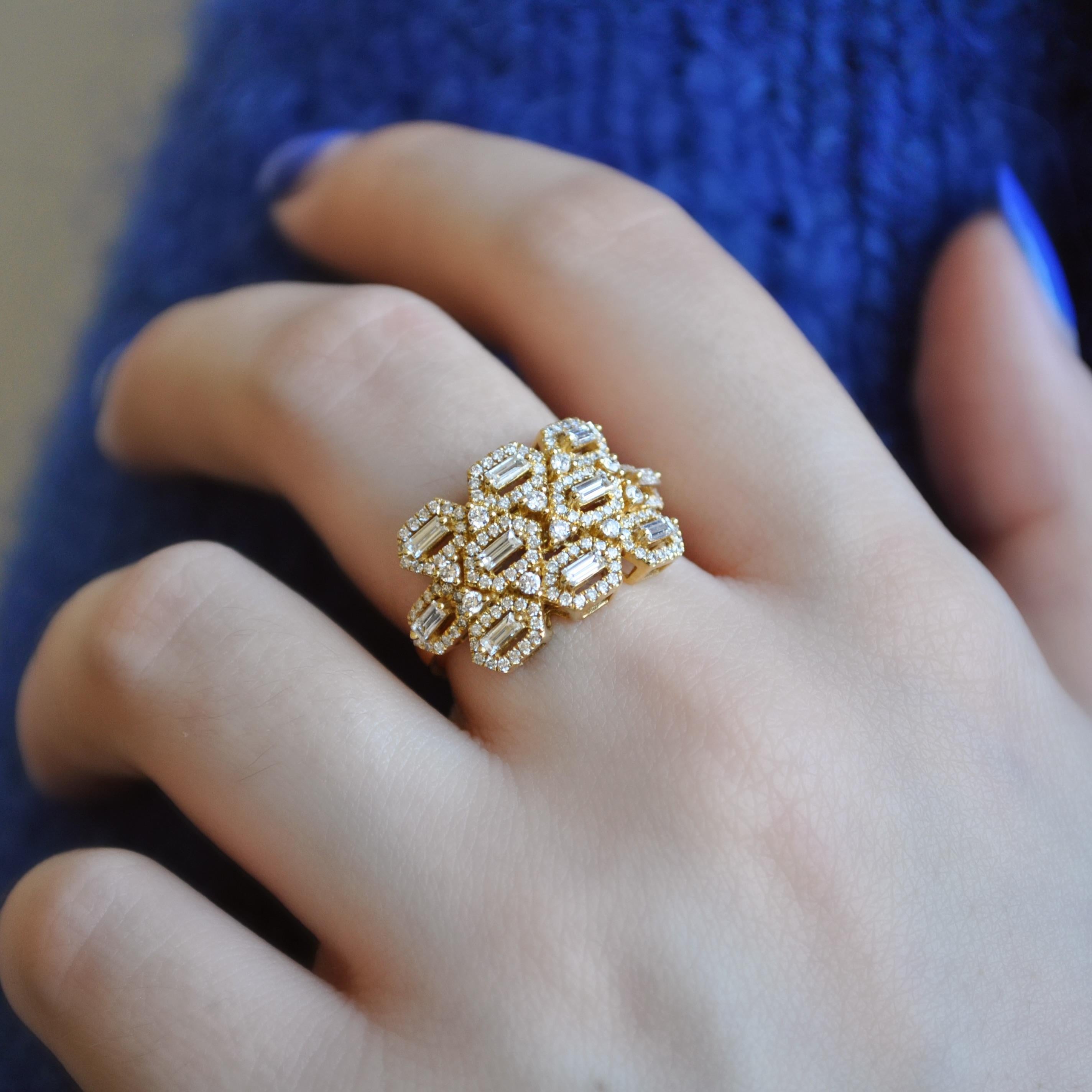 Contemporary RUCHI Mixed-Cut Diamond Yellow Gold Honeycomb Cocktail Ring For Sale
