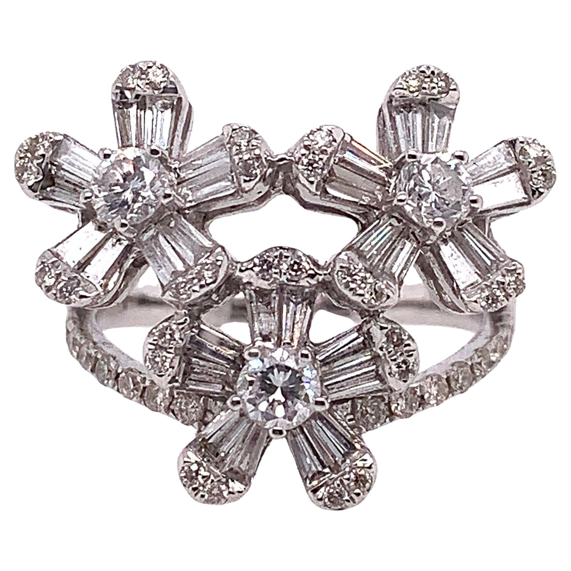 RUCHI Baguette and Brilliant-Cut Diamond White Gold Floral Cluster Ring For Sale