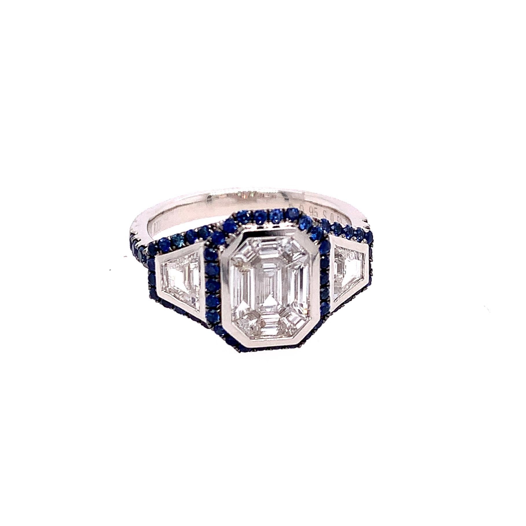 18K White Gold
Diamond: 0.94 ct total weight
Blue Sapphire: 0.53 ct total weight
Center diamonds are G-H/VS stones

