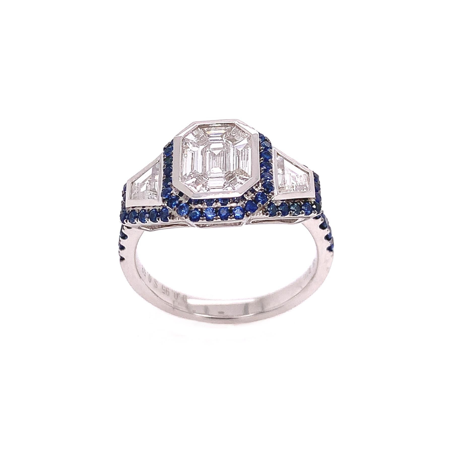 Contemporary RUCHI Diamond Illusion with Blue Sapphire Halo Sapphire White Gold Ring For Sale