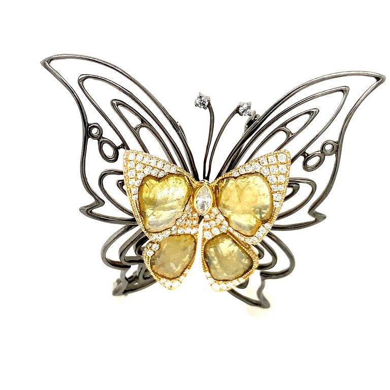 Contemporary RUCHI Diamond Slice with Pavé Two-Tone Gold Butterfly Pendant and Brooch For Sale