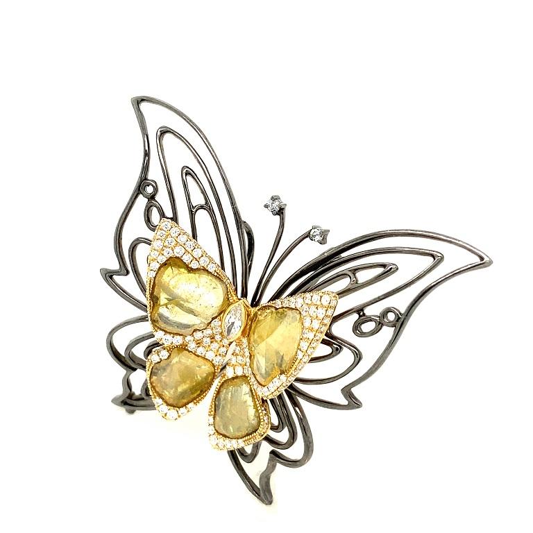 Mixed Cut RUCHI Diamond Slice with Pavé Two-Tone Gold Butterfly Pendant and Brooch For Sale