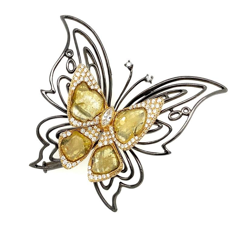 Women's or Men's RUCHI Diamond Slice with Pavé Two-Tone Gold Butterfly Pendant and Brooch For Sale