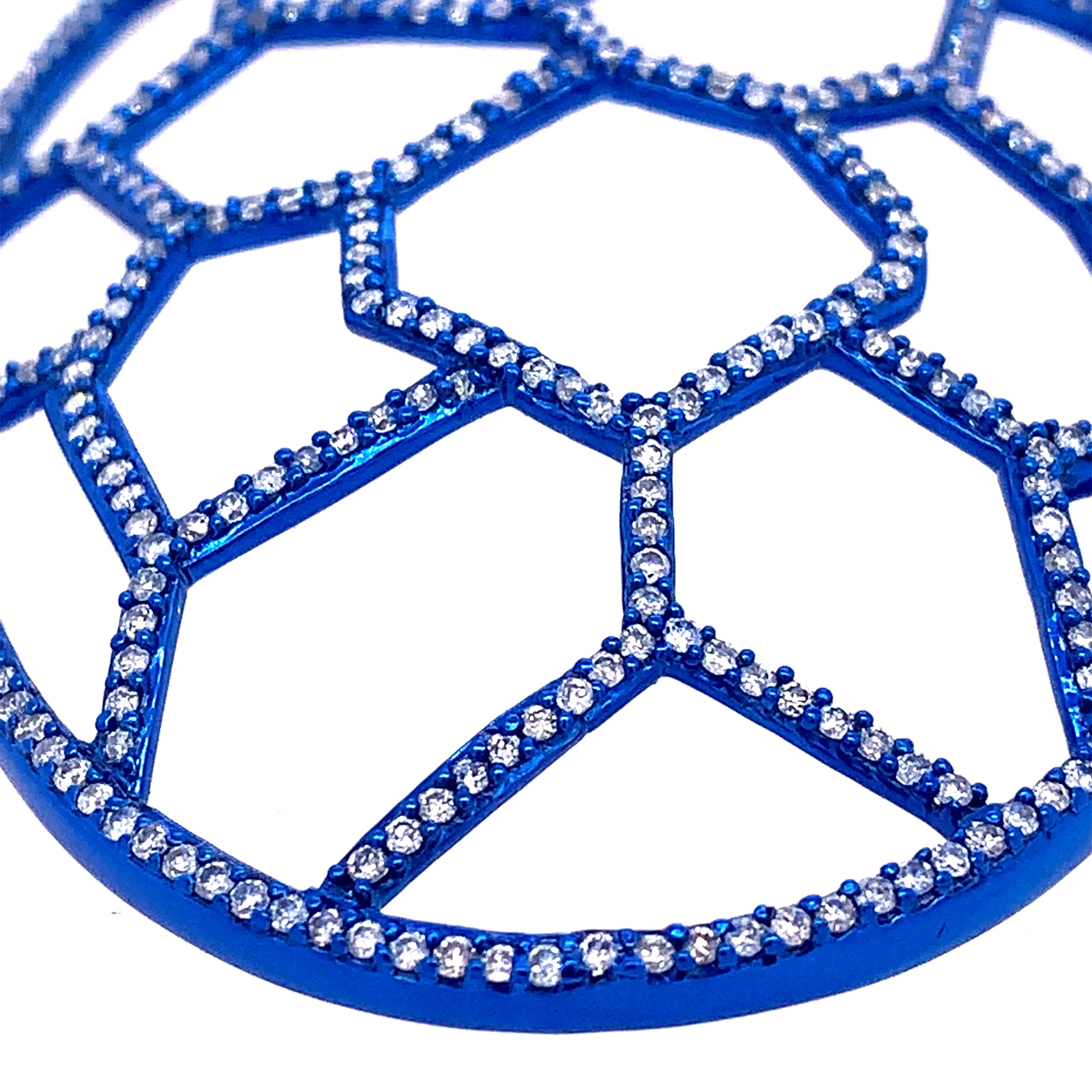 Taille ronde RUCHI - Boucles d'oreilles pendantes en forme de peigne de miel, bleu diamant rhodié  en vente