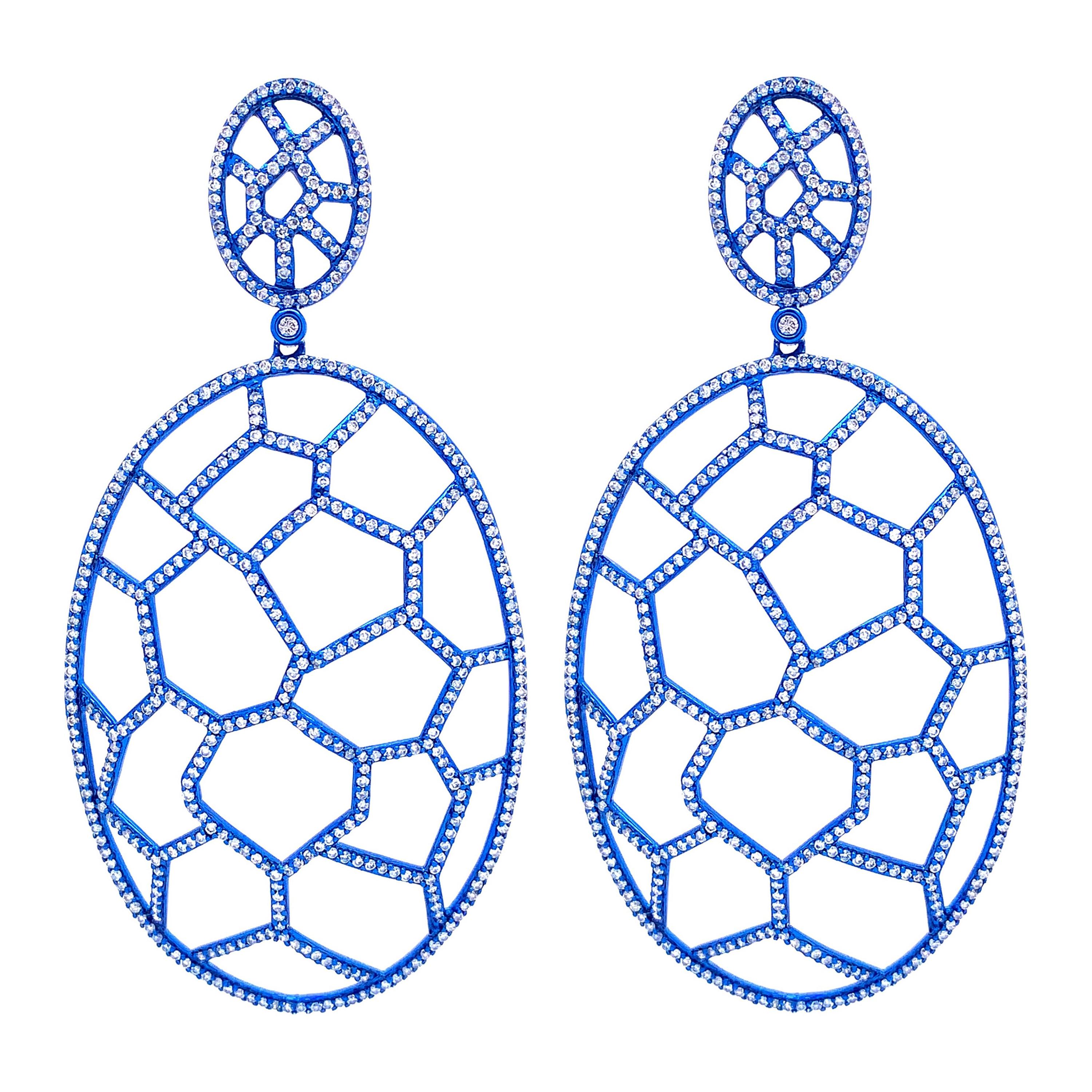 RUCHI - Boucles d'oreilles pendantes en forme de peigne de miel, bleu diamant rhodié  en vente