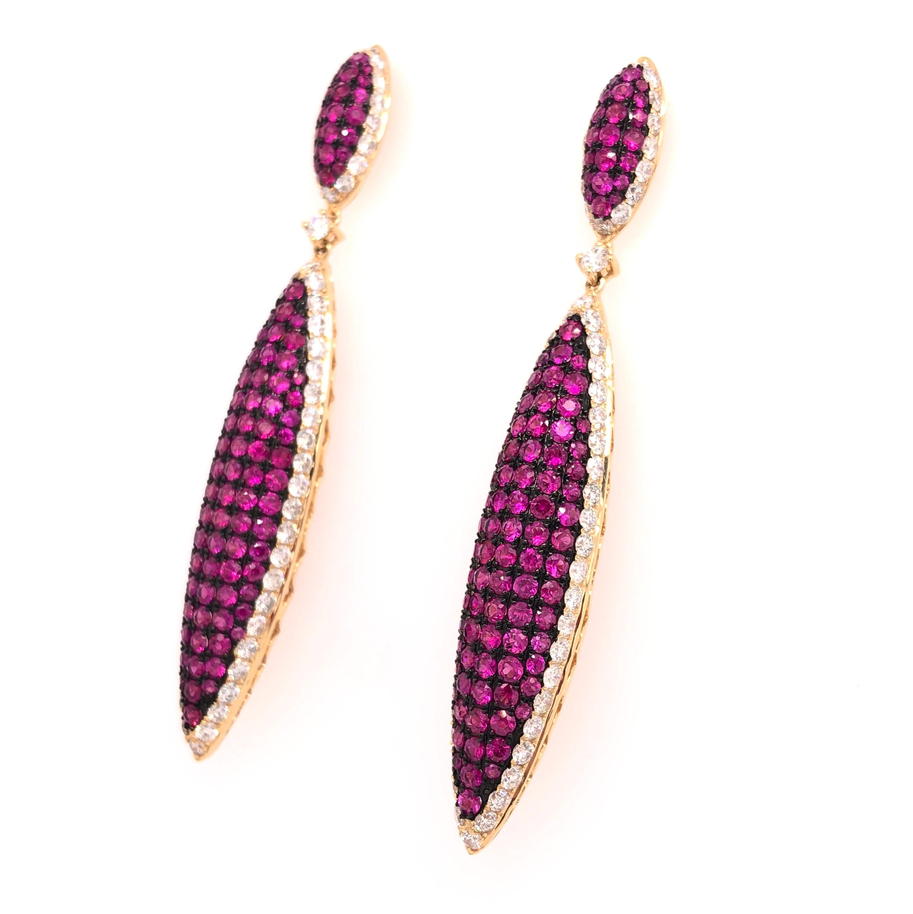 Contemporary RUCHI Pavé Ruby & Diamond Yellow Gold Dangle Drop Earrings For Sale
