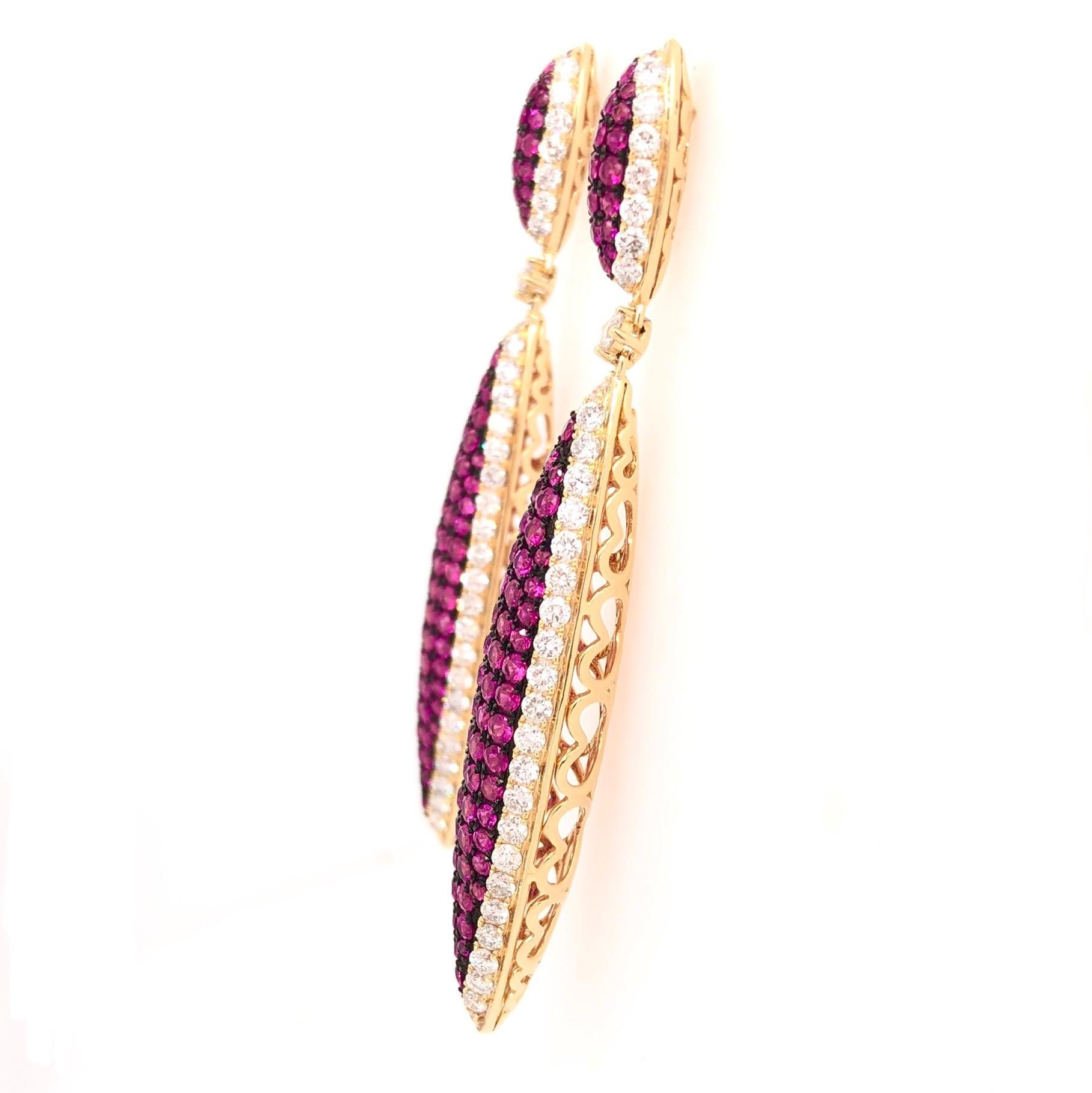 Round Cut RUCHI Pavé Ruby & Diamond Yellow Gold Dangle Drop Earrings For Sale