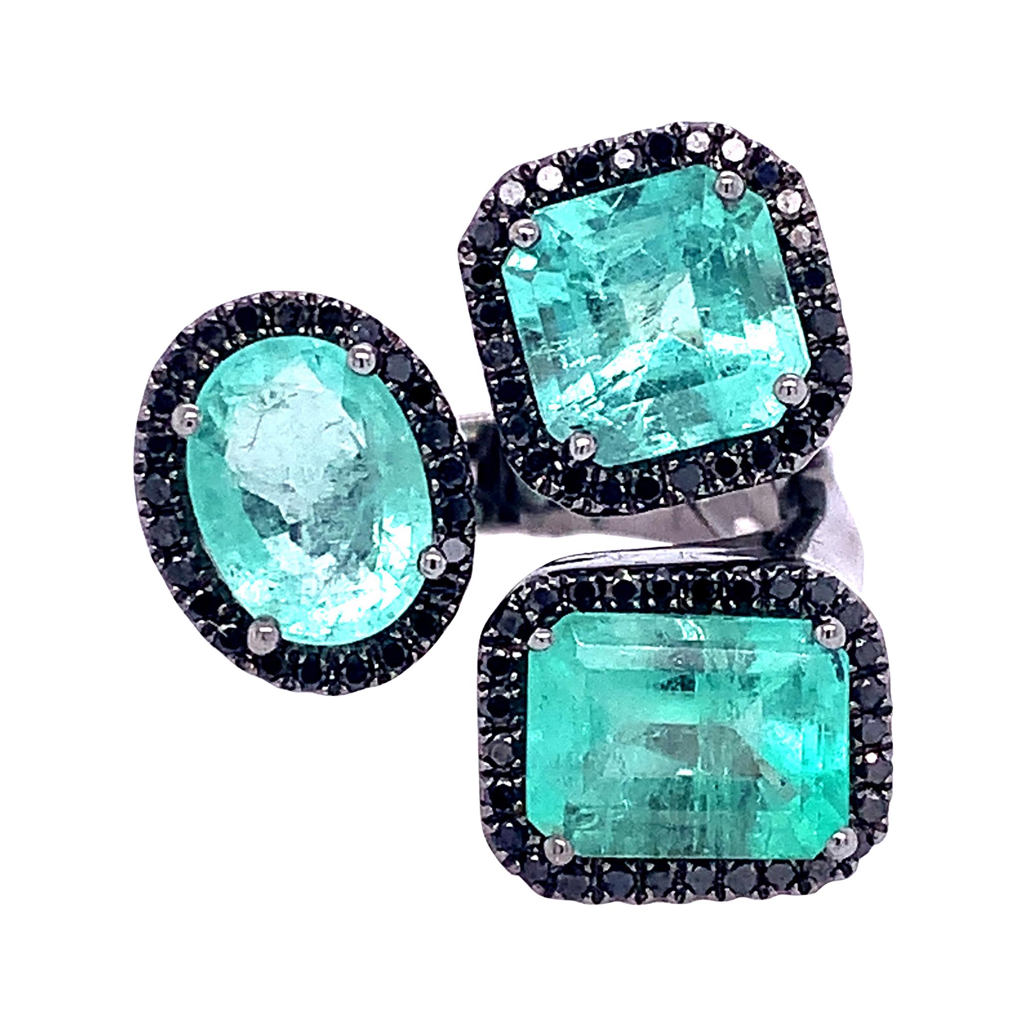 RUCHI Emerald and Black Diamond Black Rhodium Cocktail Ring